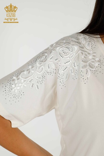 Women's Blouse Flower Embroidered Ecru - 79097 | KAZEE - Thumbnail