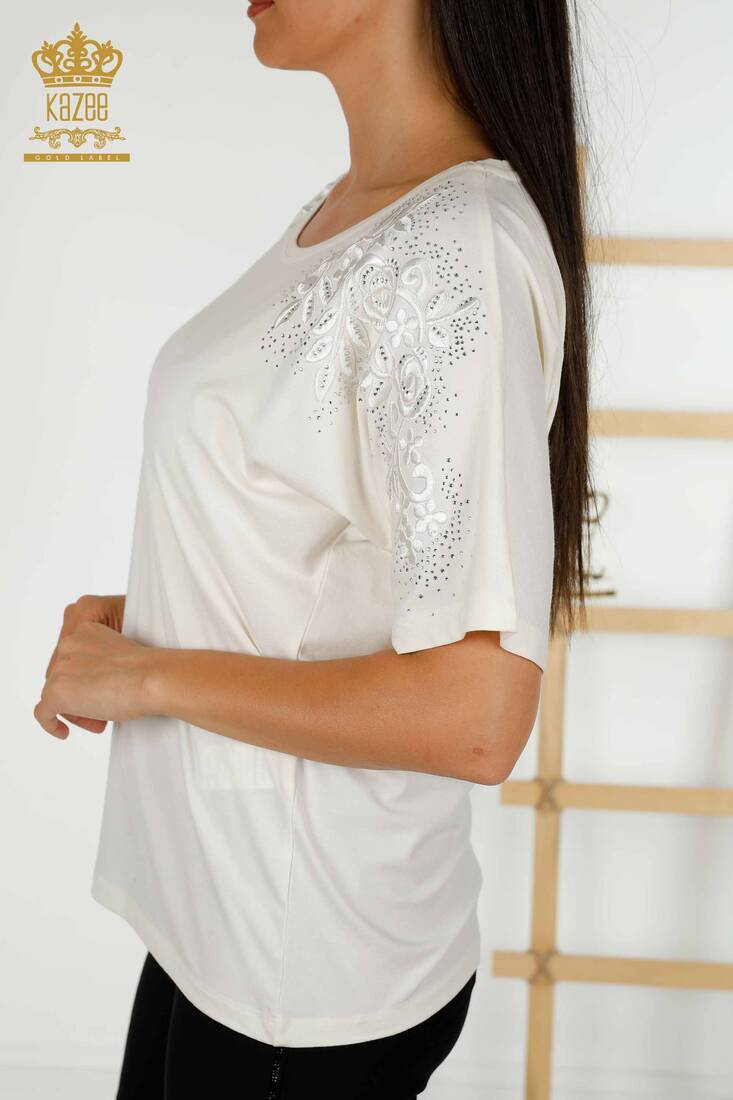 Women's Blouse Flower Embroidered Ecru - 79097 | KAZEE