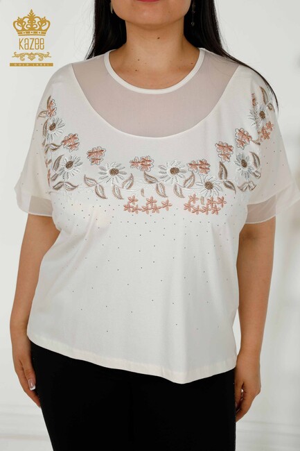 Women's Blouse Flower Embroidered Ecru - 79137 | KAZEE - Thumbnail