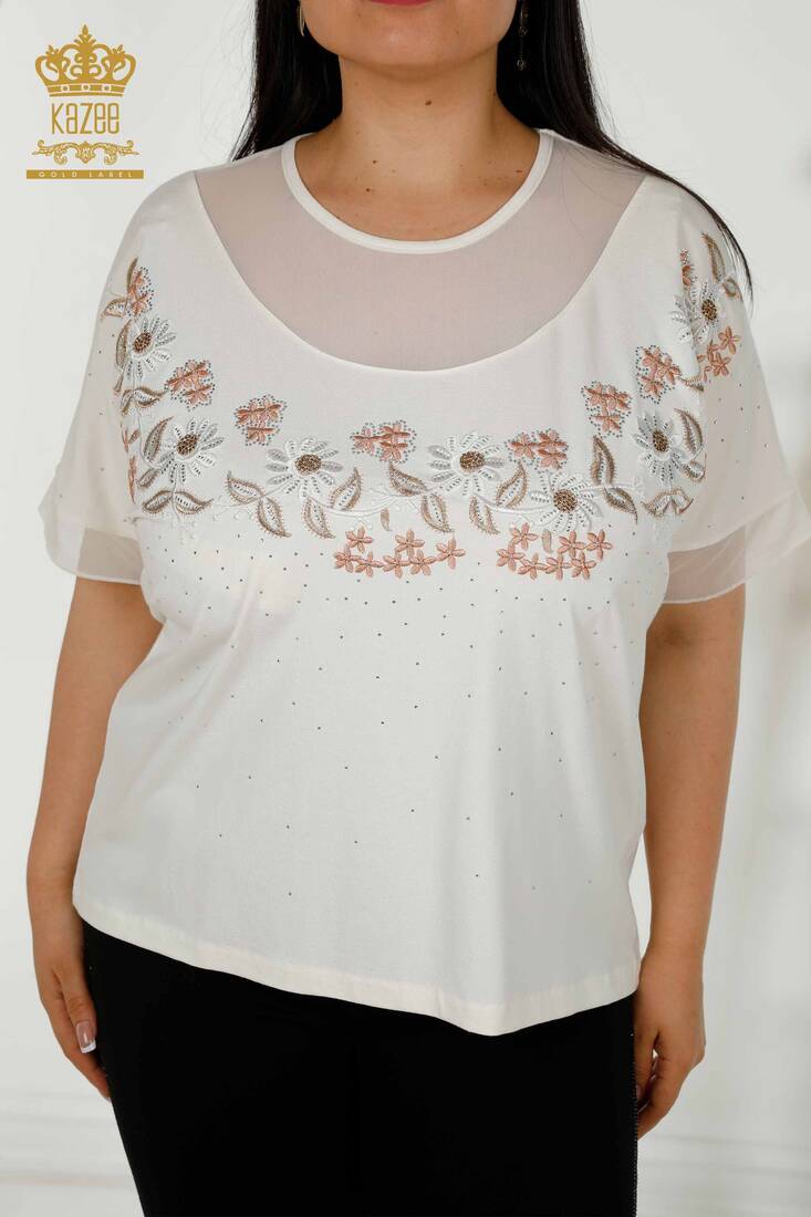 Women's Blouse Flower Embroidered Ecru - 79137 | KAZEE