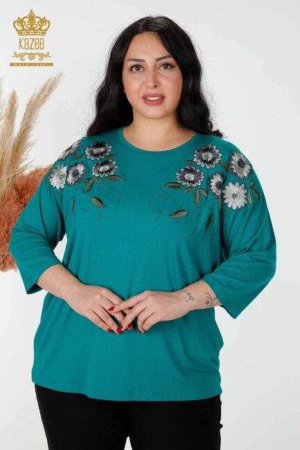 Women's Blouse Green With Floral Embroidery - 78947 | KAZEE - Thumbnail