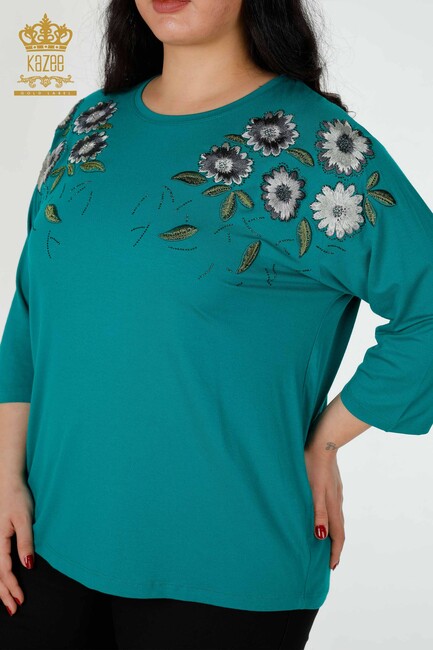 Women's Blouse Green With Floral Embroidery - 78947 | KAZEE - Thumbnail