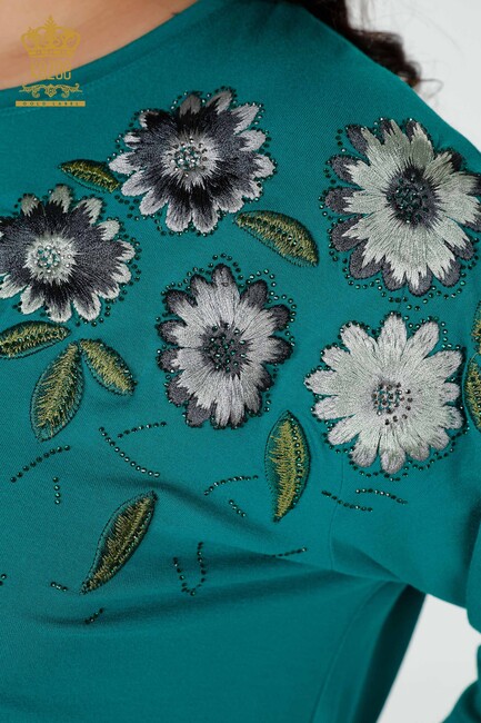 Women's Blouse Green With Floral Embroidery - 78947 | KAZEE - Thumbnail