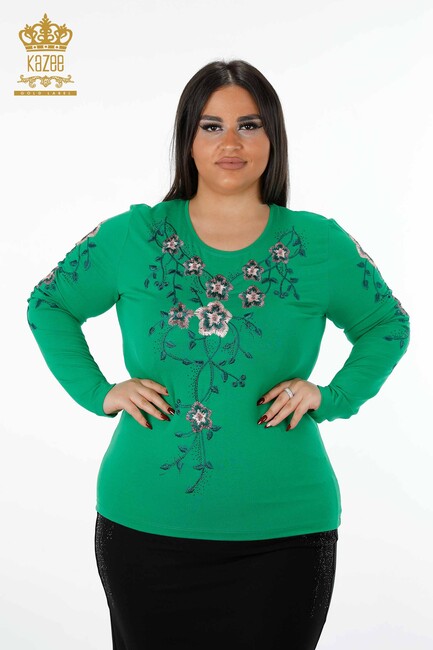 Women's Blouse Green With Floral Embroidery - 79017 | KAZEE - Thumbnail