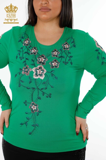 Women's Blouse Green With Floral Embroidery - 79017 | KAZEE - Thumbnail