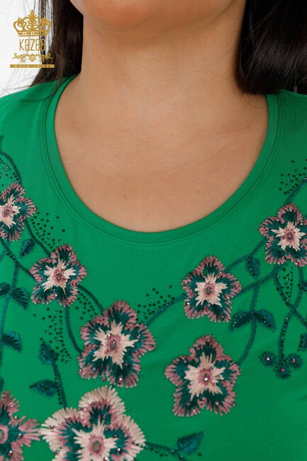 Women's Blouse Green With Floral Embroidery - 79017 | KAZEE - Thumbnail