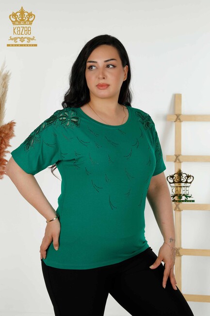 Women's Blouse Green With Floral Embroidery - 79086 | KAZEE - Thumbnail