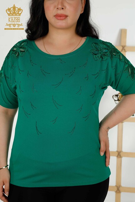 Women's Blouse Green With Floral Embroidery - 79086 | KAZEE - Thumbnail