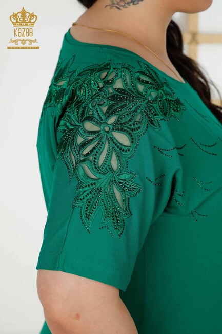 Women's Blouse Green With Floral Embroidery - 79086 | KAZEE - Thumbnail