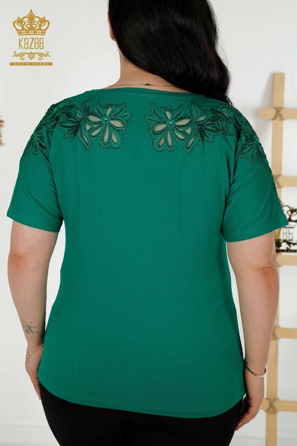 Women's Blouse Green With Floral Embroidery - 79086 | KAZEE - Thumbnail