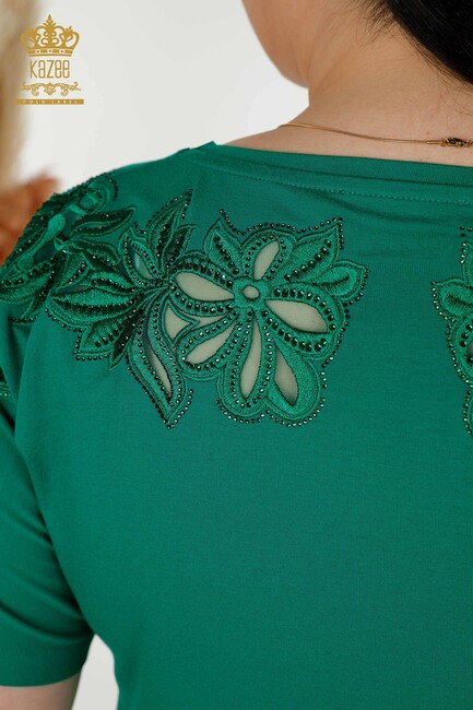 Women's Blouse Green With Floral Embroidery - 79086 | KAZEE - Thumbnail