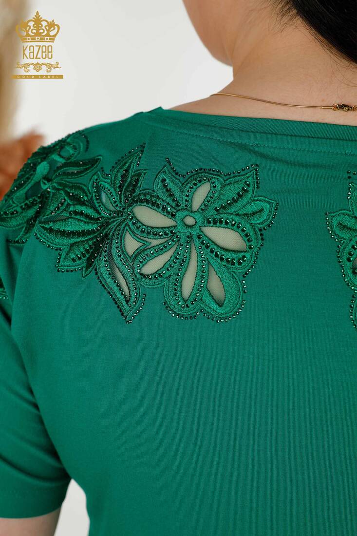 Women's Blouse Green With Floral Embroidery - 79086 | KAZEE