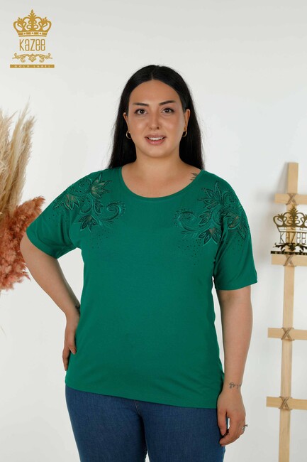 Women's Blouse Green With Floral Embroidery - 79093 | KAZEE - Thumbnail