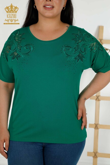 Women's Blouse Green With Floral Embroidery - 79093 | KAZEE - Thumbnail