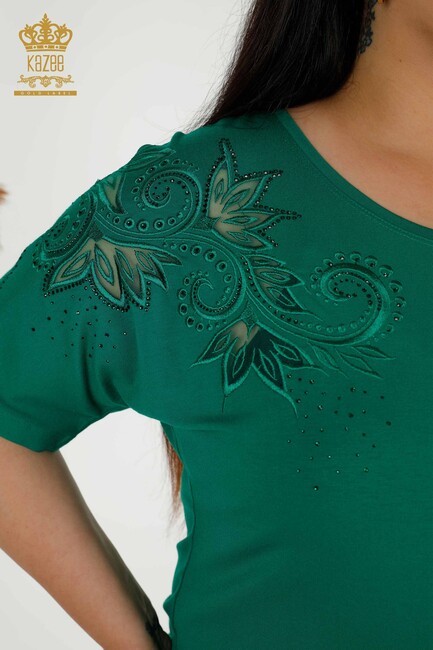 Women's Blouse Green With Floral Embroidery - 79093 | KAZEE - Thumbnail