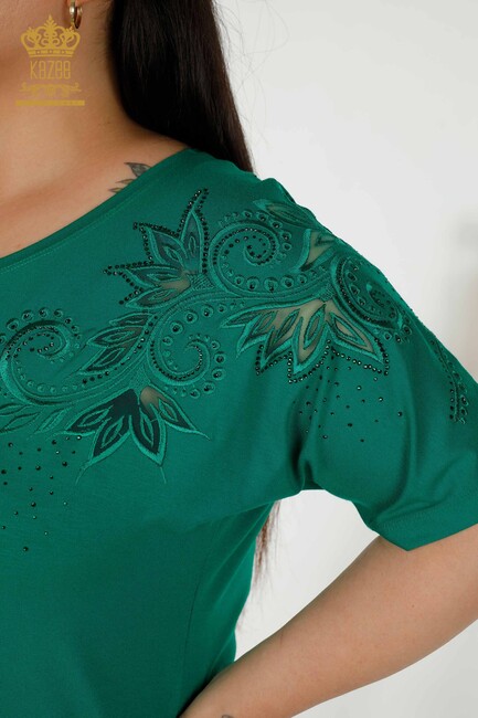 Women's Blouse Green With Floral Embroidery - 79093 | KAZEE - Thumbnail