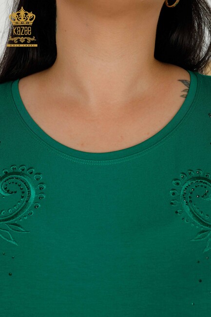 Women's Blouse Green With Floral Embroidery - 79093 | KAZEE - Thumbnail