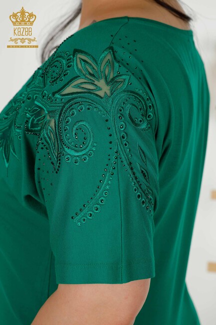 Women's Blouse Green With Floral Embroidery - 79093 | KAZEE - Thumbnail