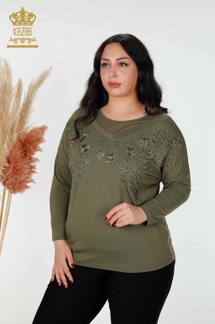 Women's Blouse With Flower Embroidery Khaki - 78848 | KAZEE - Thumbnail