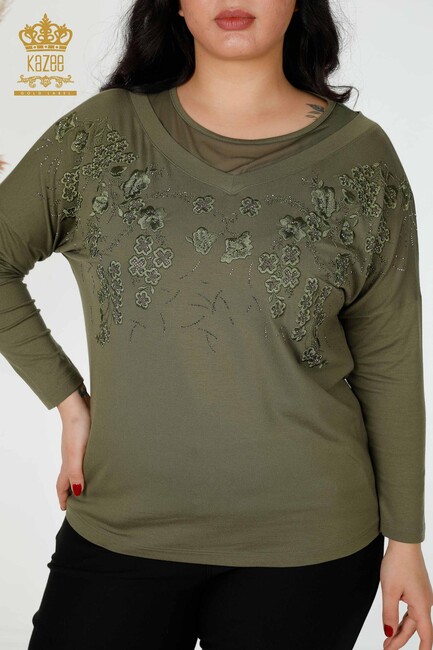 Women's Blouse With Flower Embroidery Khaki - 78848 | KAZEE - Thumbnail