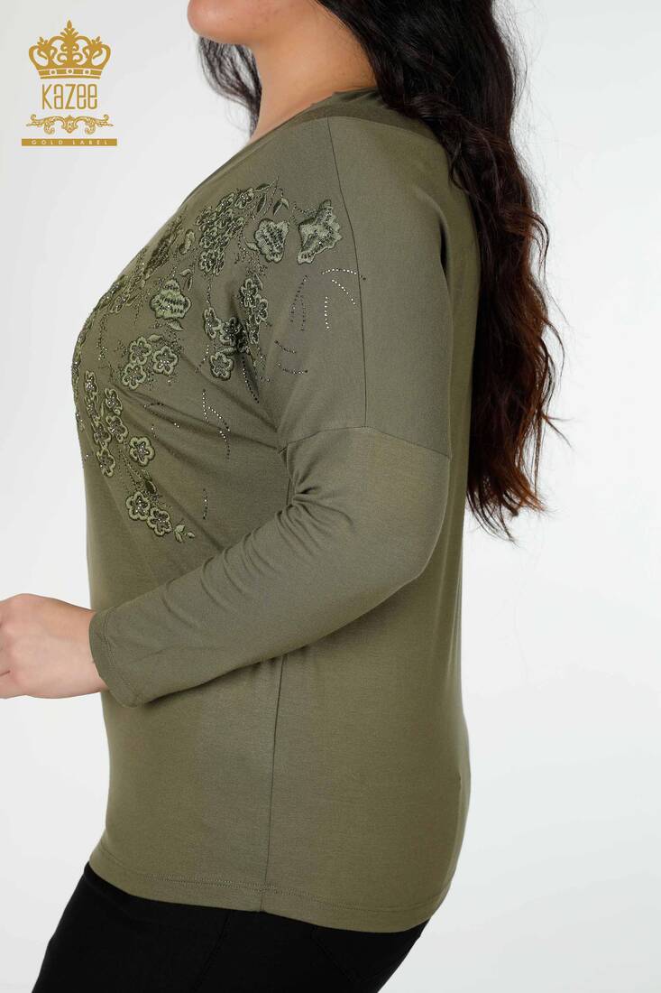 Women's Blouse With Flower Embroidery Khaki - 78848 | KAZEE