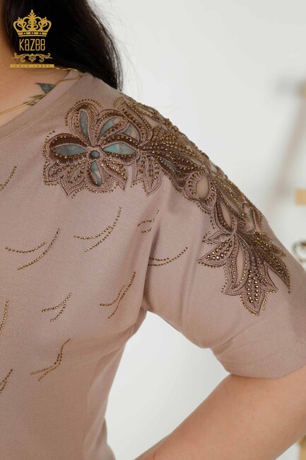 Women's Blouse Floral Embroidered Mink - 79086 | KAZEE - Thumbnail