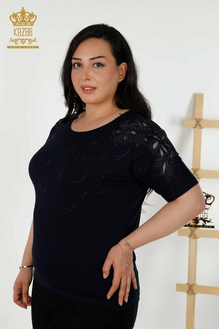 Women's Blouse With Floral Embroidery Navy Blue - 79086 | KAZEE - Thumbnail