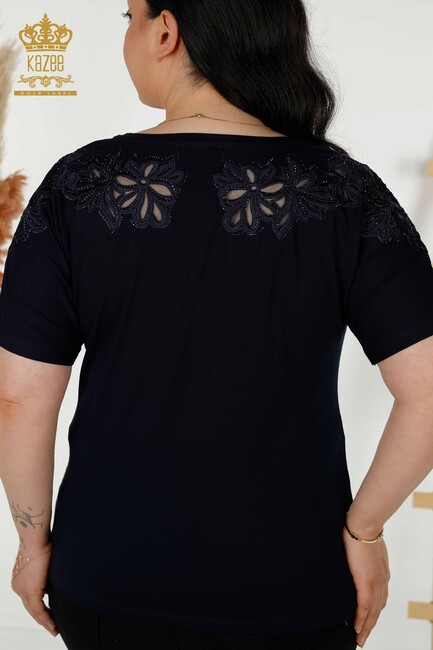 Women's Blouse With Floral Embroidery Navy Blue - 79086 | KAZEE - Thumbnail