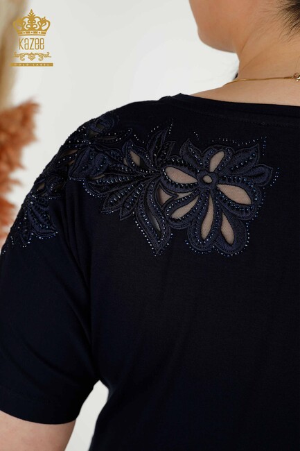 Women's Blouse With Floral Embroidery Navy Blue - 79086 | KAZEE - Thumbnail