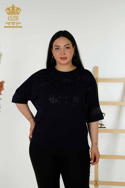 Women's Blouse With Floral Embroidery Navy Blue - 79087 | KAZEE - Thumbnail