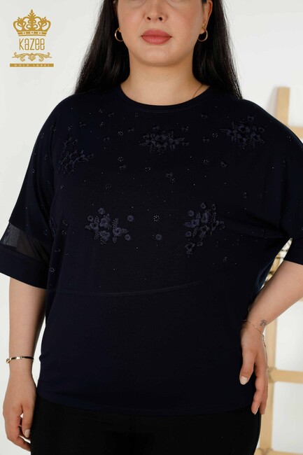 Women's Blouse With Floral Embroidery Navy Blue - 79087 | KAZEE - Thumbnail