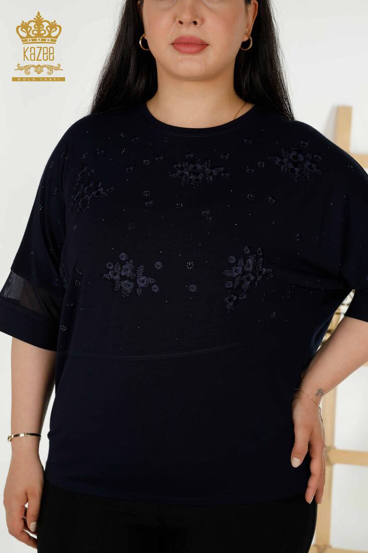 Women's Blouse With Floral Embroidery Navy Blue - 79087 | KAZEE