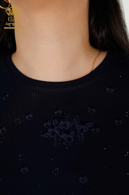 Women's Blouse With Floral Embroidery Navy Blue - 79087 | KAZEE - Thumbnail