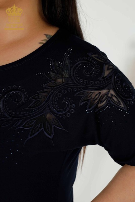 Women's Blouse With Floral Embroidery Navy Blue - 79093 | KAZEE - Thumbnail