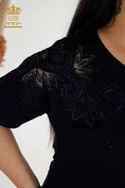 Women's Blouse With Floral Embroidery Navy Blue - 79093 | KAZEE - Thumbnail