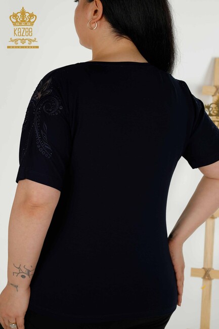 Women's Blouse With Floral Embroidery Navy Blue - 79093 | KAZEE - Thumbnail