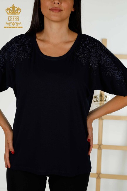 Women's Blouse With Floral Embroidery Navy Blue - 79097 | KAZEE - Thumbnail