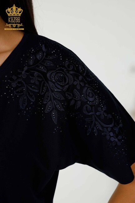 Women's Blouse With Floral Embroidery Navy Blue - 79097 | KAZEE - Thumbnail