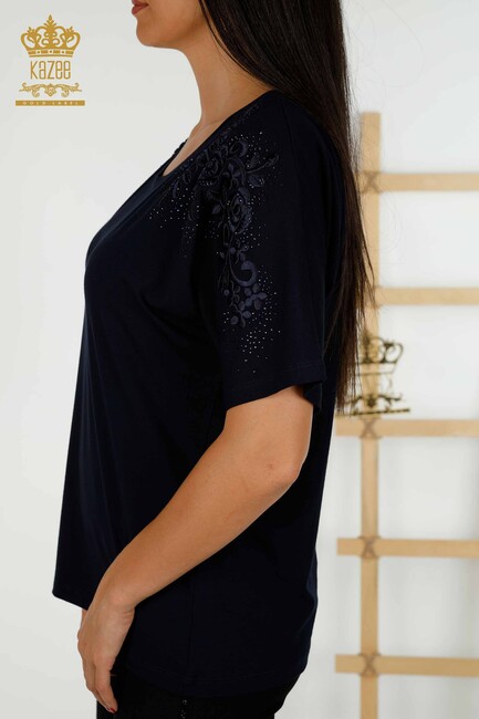 Women's Blouse With Floral Embroidery Navy Blue - 79097 | KAZEE - Thumbnail