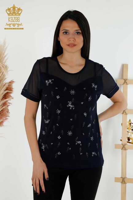 Women's Blouse Navy Blue With Floral Embroidery - 79133 | KAZEE - Thumbnail