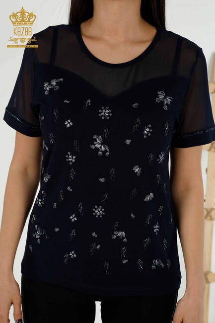 Women's Blouse Navy Blue With Floral Embroidery - 79133 | KAZEE - Thumbnail