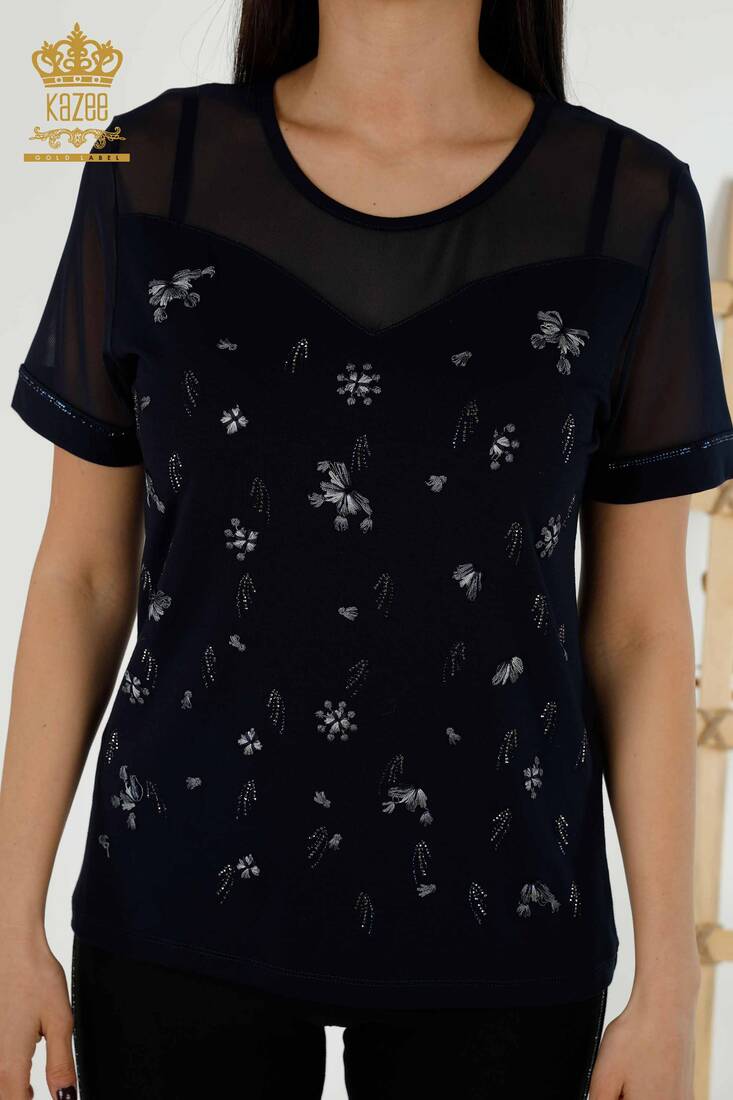 Women's Blouse Navy Blue With Floral Embroidery - 79133 | KAZEE