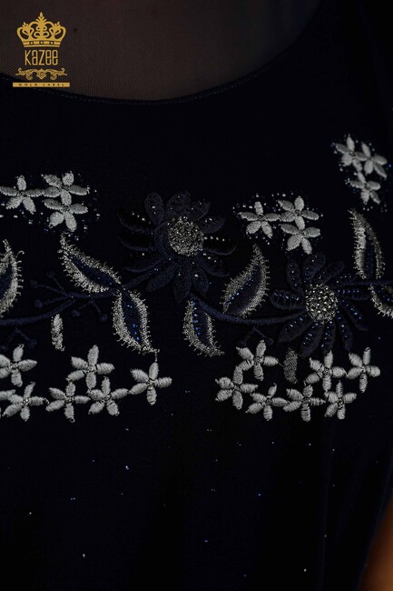 Women's Blouse Navy Blue With Floral Embroidery - 79137 | KAZEE - Thumbnail