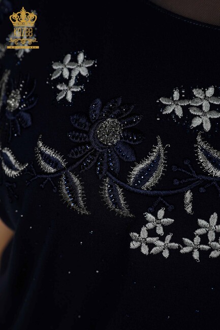 Women's Blouse Navy Blue With Floral Embroidery - 79137 | KAZEE - Thumbnail