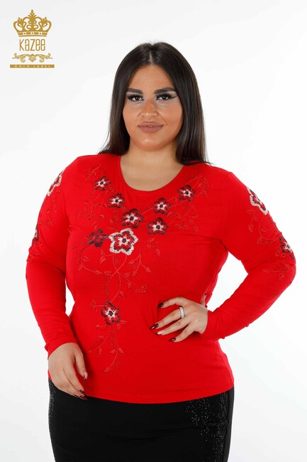 Women's Blouse Red With Floral Embroidery - 79017 | KAZEE - Thumbnail