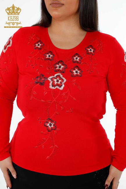 Women's Blouse Red With Floral Embroidery - 79017 | KAZEE - Thumbnail