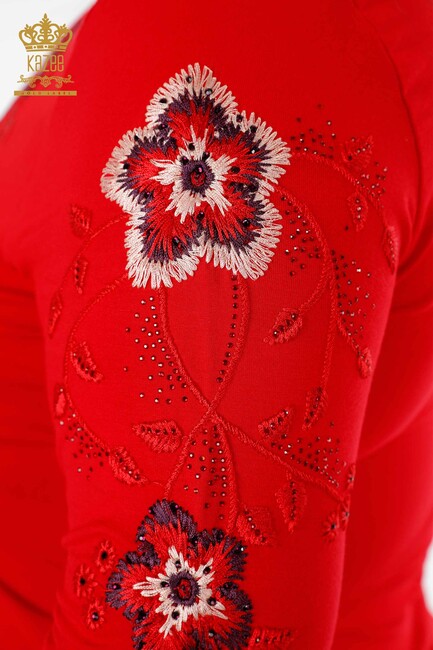 Women's Blouse Red With Floral Embroidery - 79017 | KAZEE - Thumbnail