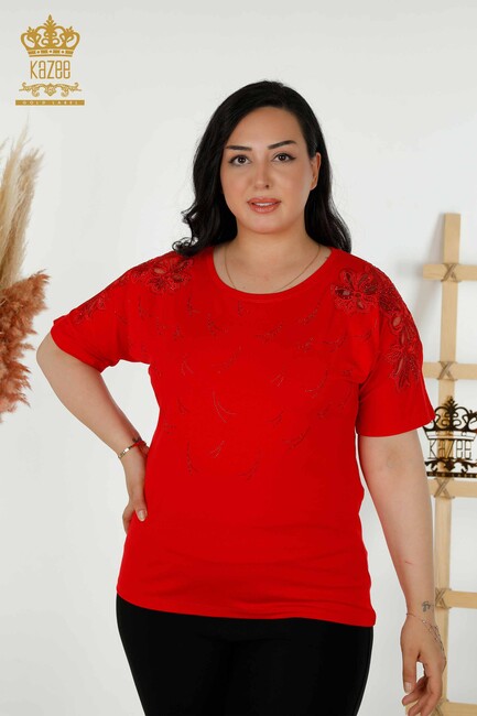 Women's Blouse Red With Floral Embroidery - 79086 | KAZEE - Thumbnail