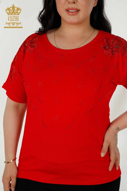 Women's Blouse Red With Floral Embroidery - 79086 | KAZEE - Thumbnail