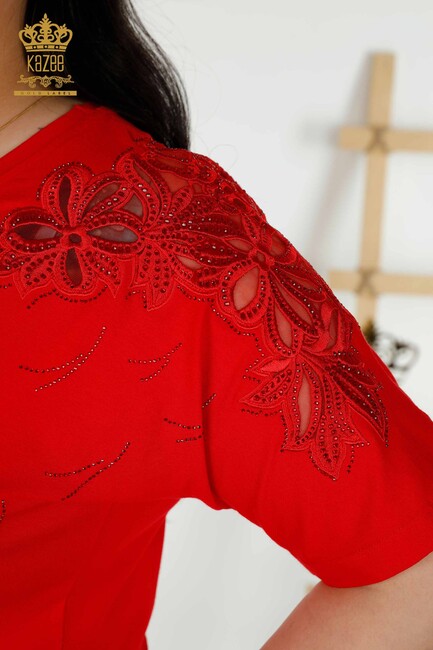 Women's Blouse Red With Floral Embroidery - 79086 | KAZEE - Thumbnail